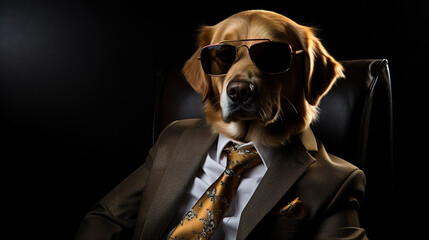 Cool looking golden retriever dog wearing suit, tie and sunglasses isolated on dark background with...
