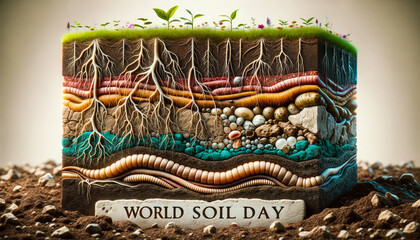 Nature's Layers:  Depiction of a cross-section of soil layers showcasing roots, worms, and minerals, emphasizing the intricate balance and importance of soil, with 'World Soil Day' written prominently - obrazy, fototapety, plakaty