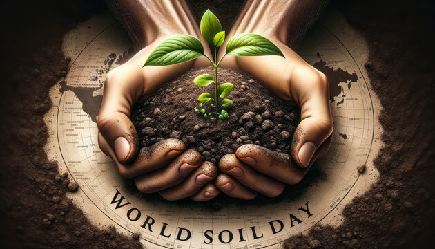 illustration of a pair of hands cradling rich, dark soil with sprouting seedlings, symbolizing the nurturing essence of Earth, with the text 'World Soil Day' imprinted in the background.