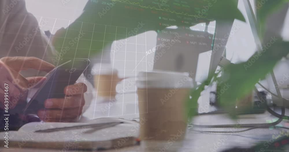 Poster animation of multiple graphs and trading board over coffee cup and caucasian man using cellphone