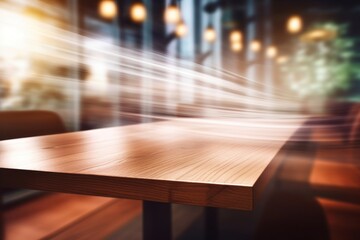 Fototapeta premium Warm toned wooden table against blurred city lights, an inviting display space with an urban evening ambiance.
