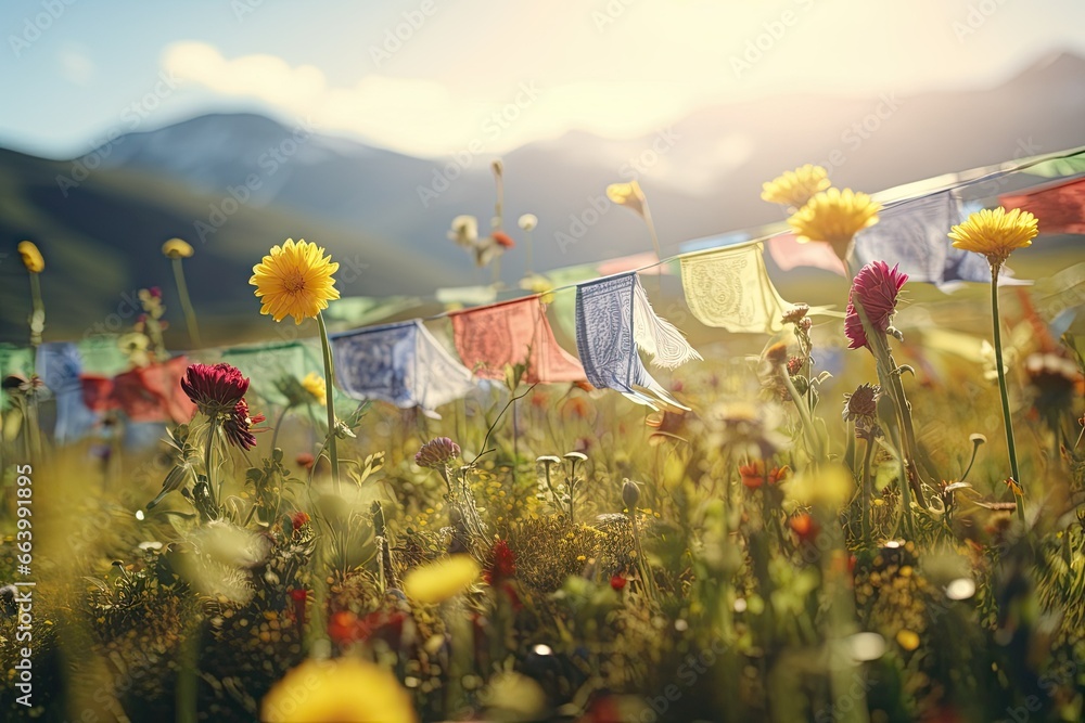 Poster a field of flowers with a bunch of flags in the background. generative ai
