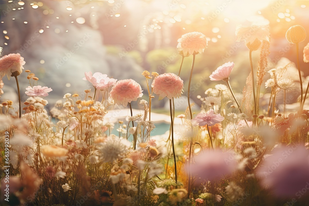 Poster a field of flowers with a pool in the background at sunset. generative ai