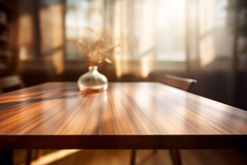 Warm toned wooden table against blurred city lights, an inviting display space with an urban evening ambiance.