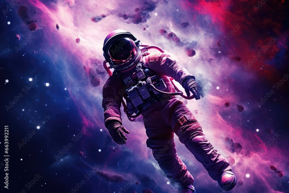 Poster a man in a space suit floating in the air in front of a galaxy background. generative ai
