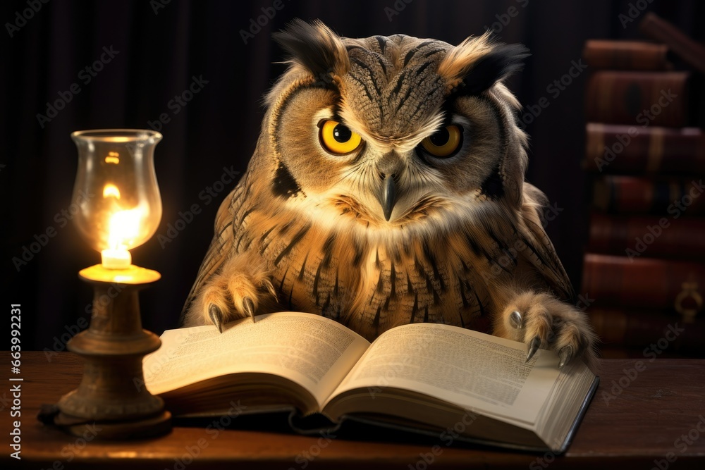 Poster an owl sitting on a table with a book and a candle. generative ai