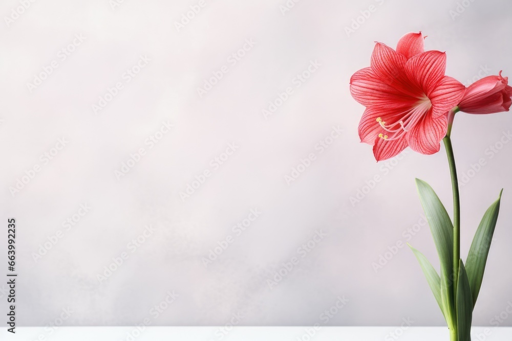 Poster a red flower is in a vase on a table with a white background. generative ai