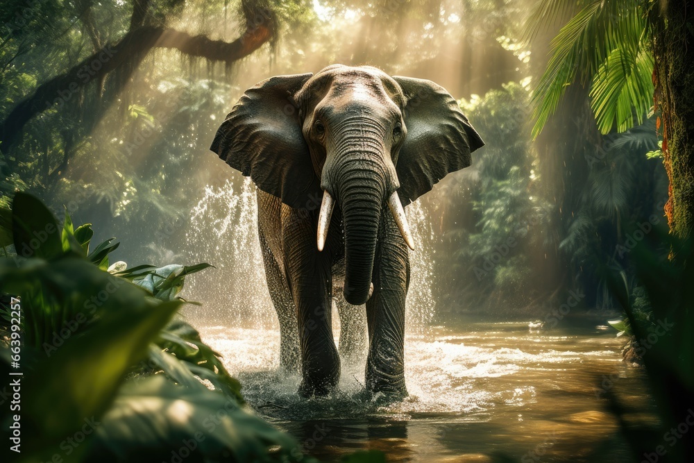 Poster a large elephant standing in a river surrounded by jungles. generative ai