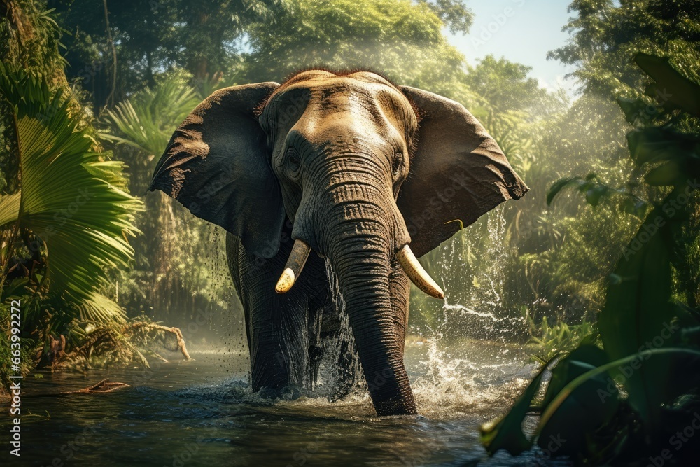 Poster a large elephant standing in a river surrounded by jungles. generative ai
