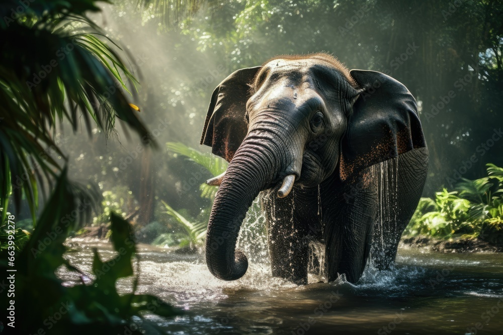 Poster a large elephant standing in a river surrounded by jungles. generative ai