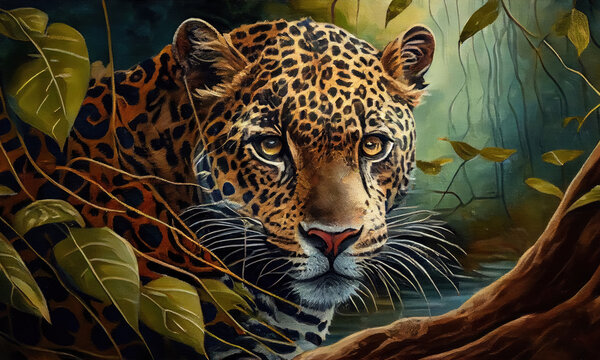 Jaguar in the Amazon Jungle - Oil Painting