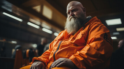 Fat prisoner in the common room of the prison. Orange jail uniform - obrazy, fototapety, plakaty