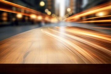 Warm toned wooden table against blurred city lights, an inviting display space with an urban evening ambiance.