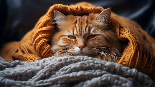 sleppy cat in a plaid.