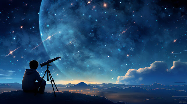 Astronomer in front of the telescope looking to the sky at night
