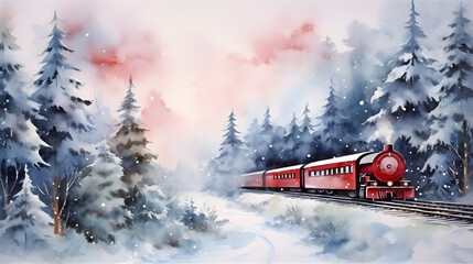 christmas card with red train in the snow.