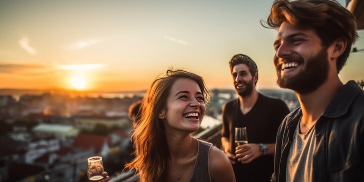 Happy Students Celebrate at an Open Rooftop Bar, Raising Their Alcoholic Drinks in a Spirited Party After a Week of Study, Embracing the Weekend, Relaxation, and Friendship