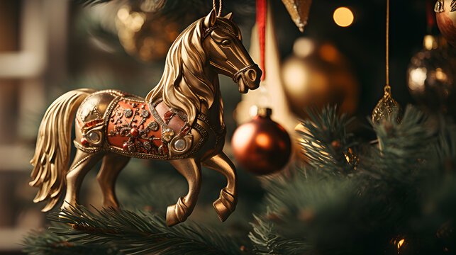 golden toy horse on christmas tree. 
