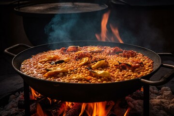 mouthwatering paella cooked over flames. Generative AI