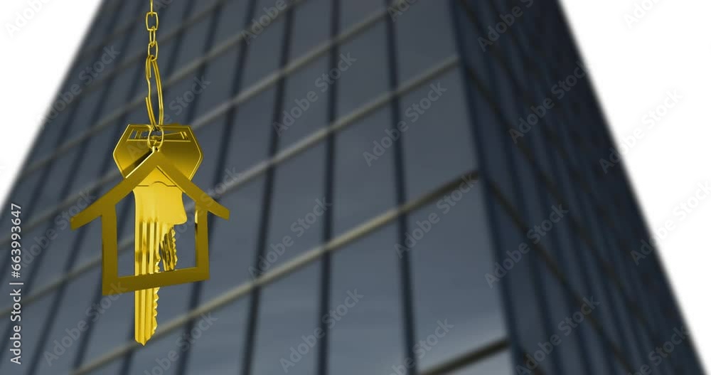 Poster animation of key in house keychain over low angle view of modern building against white background