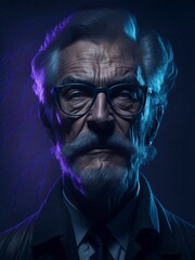 Old man with glasses and mustache portrait, lightning strikes, abstract