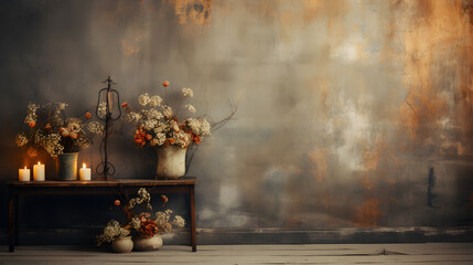 still life with a bouquet of dried flowers and a candle on an old wooden table. - obrazy, fototapety, plakaty