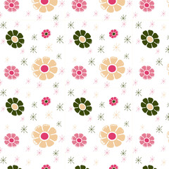 Retro wallpaper pattern vector. Kitschy, vintage throwback style with pink, tan, olive green flowers. Seamless vector design for any use, including fabric, print, cover, banner, etc.