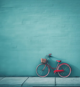 Vibrant red bicycle with a basket leans against a contrasting wall