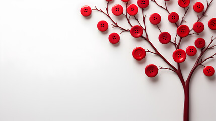 flat lay composition with red buttons in the form of flowers on white wall background