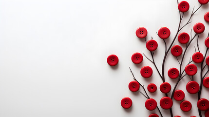 flat lay composition with red buttons in the form of flowers on light grey background. 