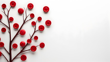 flat lay composition with red buttons in the form of flowers on white wall background