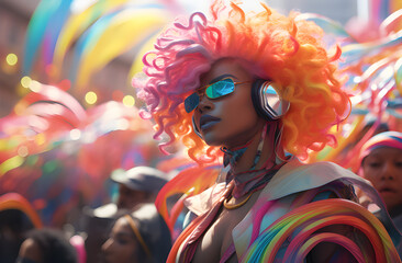 Representando juventude e diversão. Garota de cabelos coloridos em grupo diversificado e enérgico de millennials dançando com alegria e entusiasmo em um festival de música animado, com cores vivas
