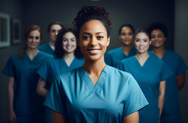 Retrato de uma jovem estudante de enfermagem em pé com sua equipe no hospital, vestida com uniforme médico, estagiário.  - obrazy, fototapety, plakaty