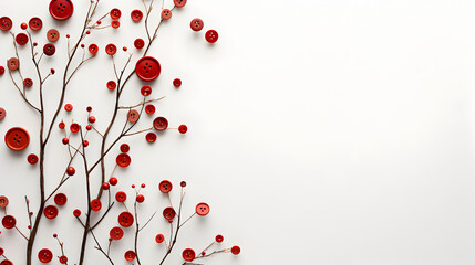 flat lay composition with red buttons in the form of flowers on light grey background. 