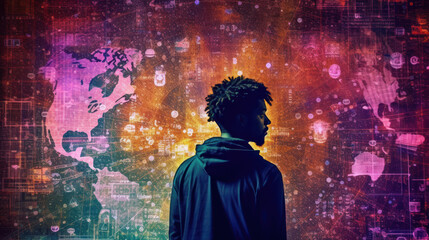 black man stands in front of a colorful digital world map
