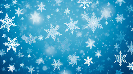Christmas festive winter blue background with falling snow, white snowflakes for New Year greeting card banner with copy space for text