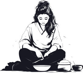 Vector line art of beautiful young woman cooking in the kitchen