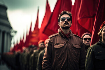 Group of people holding red flags in a parade - obrazy, fototapety, plakaty