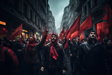Fototapeta na wymiar Group of people marching in a protest with red flags