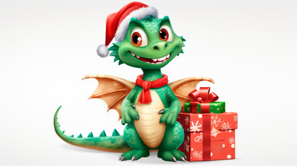 Naklejka premium Cartoon green dragon in red Santa hat with New Year gifts isolated on white background, flat illustration with copy space, Christmas background 2024, Chinese calendar concept