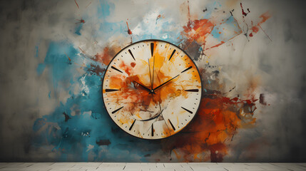 old wall clock on a background with a colorful splashes