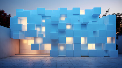 An architectural marvel of a wall meticulously assembled with light white-blue blocks, showcasing modern craftsmanship