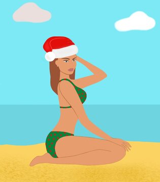 girl on the beach Merry Christmas and New Year greeting card