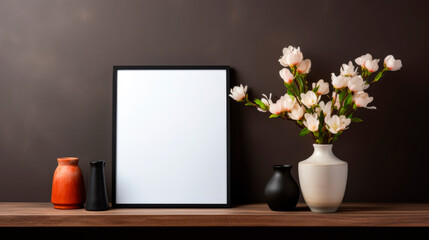 Black frame mockup closeup with white spring flowers in vase on wooden shelf against dark empty wall background with copy space