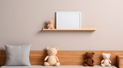 Mock up poster frame on a light empty wall in children's room with shelves and teddy bear and pillow interior background with copy space