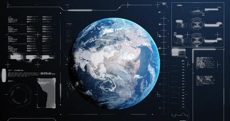 Animation of graphs, loading bars and circles over rotating globe against abstract background