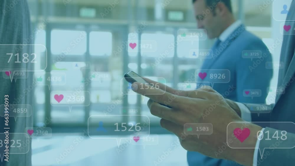 Poster animation of changing numbers in notification bars and heart emojis, caucasian man using cellphone