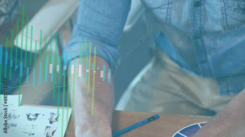 Poster animation of multiple graphs over caucasian man typing on keyboard of laptop at office