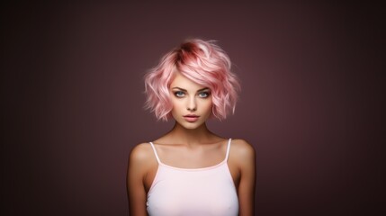 Portrait of a young woman looking at the camera in a white tank top with doll makeup and short pink hair isolated on a dark background with copy space