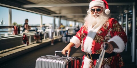 Tropical Yuletide Adventure: Santa Claus Sporting a Hawaiian Shirt and Suitcase, Ready for a Plane Ride to Kick Off the Holiday Festivities - obrazy, fototapety, plakaty